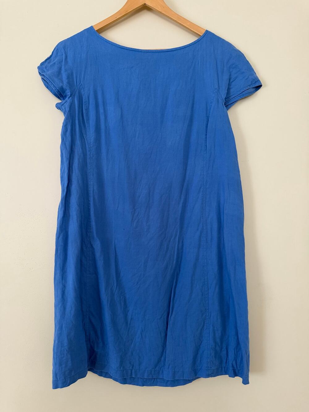 Eileen Fisher Blue Mini Shift Dress 100% Organic Linen Fully Lined S Cap Sleeve
